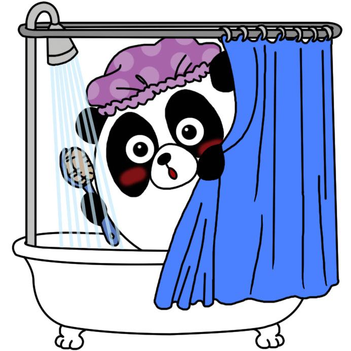 Image of a panda behind a shower curtain