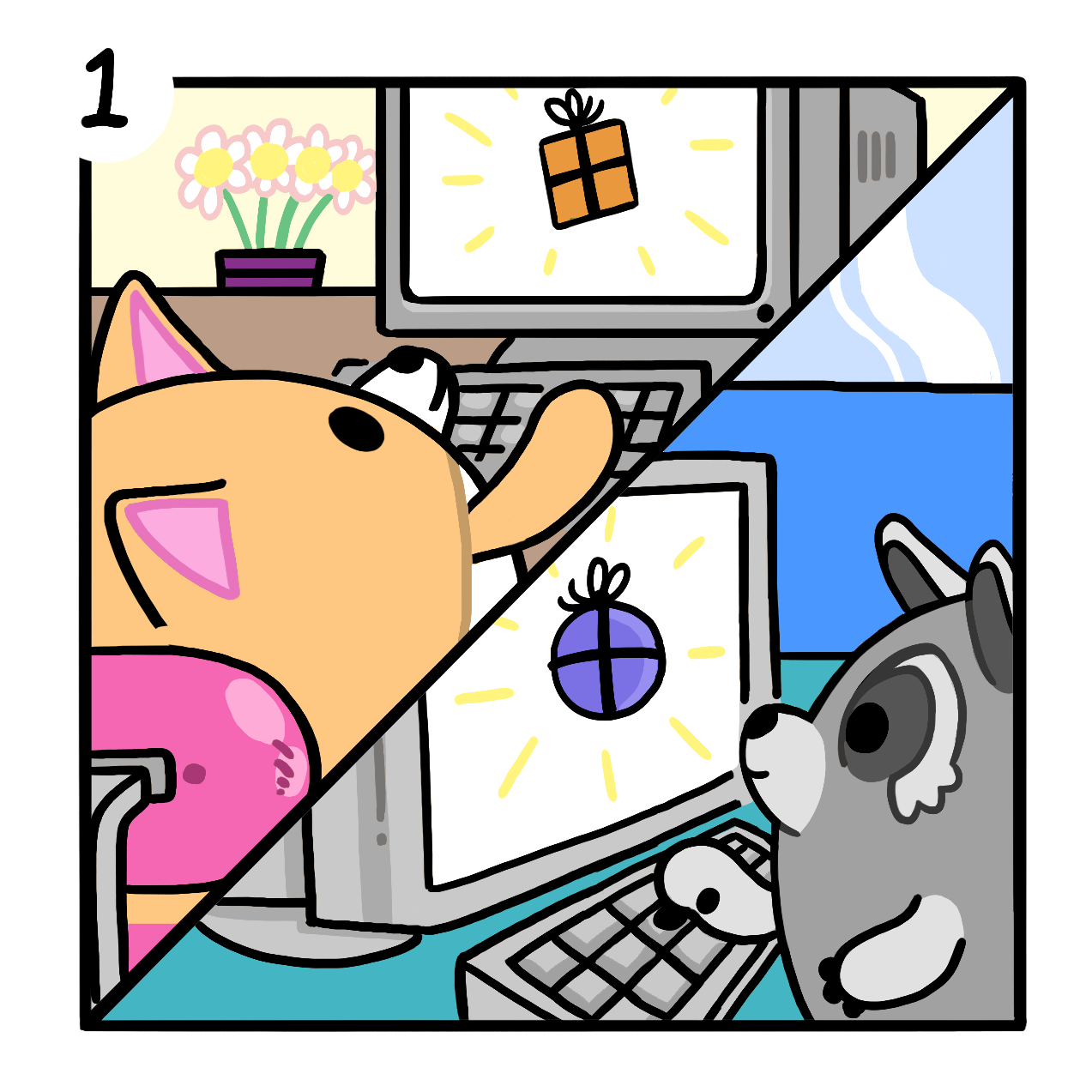 Illustration of two animals both picking out gifts online