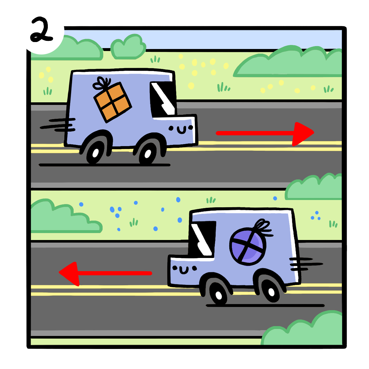 Illustration of a delivery trucks crossing paths in different directions
