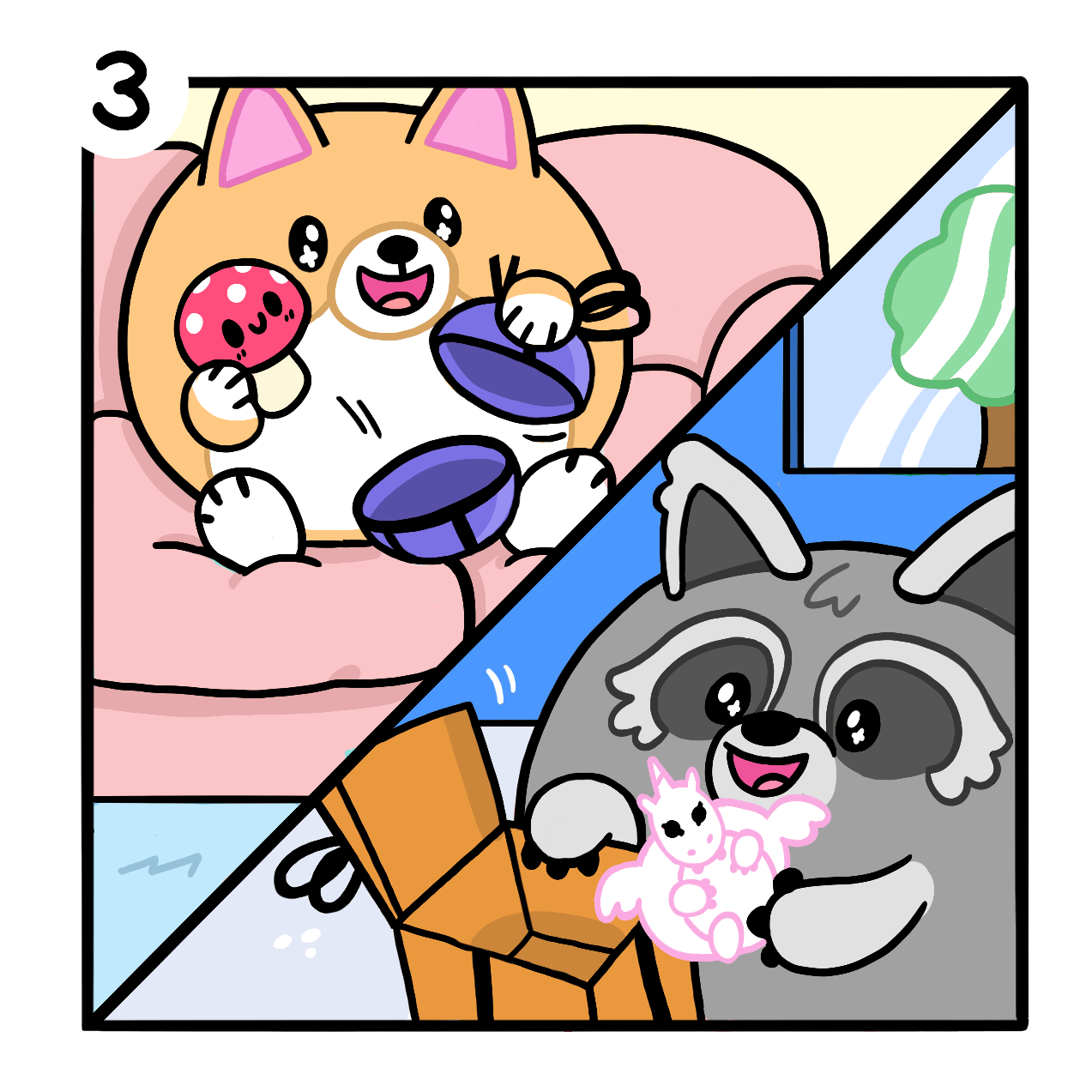 Illustration of a split screen corgi and racoon with their unwrapped gift box